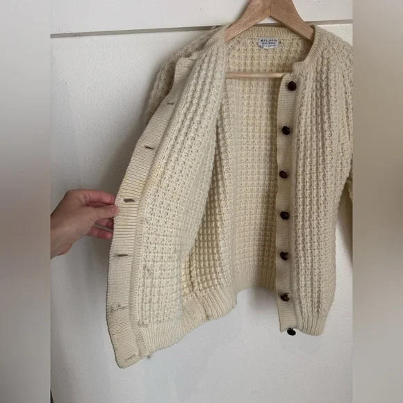 Vintage 100% Wool Chunky Knit Cardigan Cream Fisherman Sweater WPL 13436 Size 40 - Picture 7 of 14